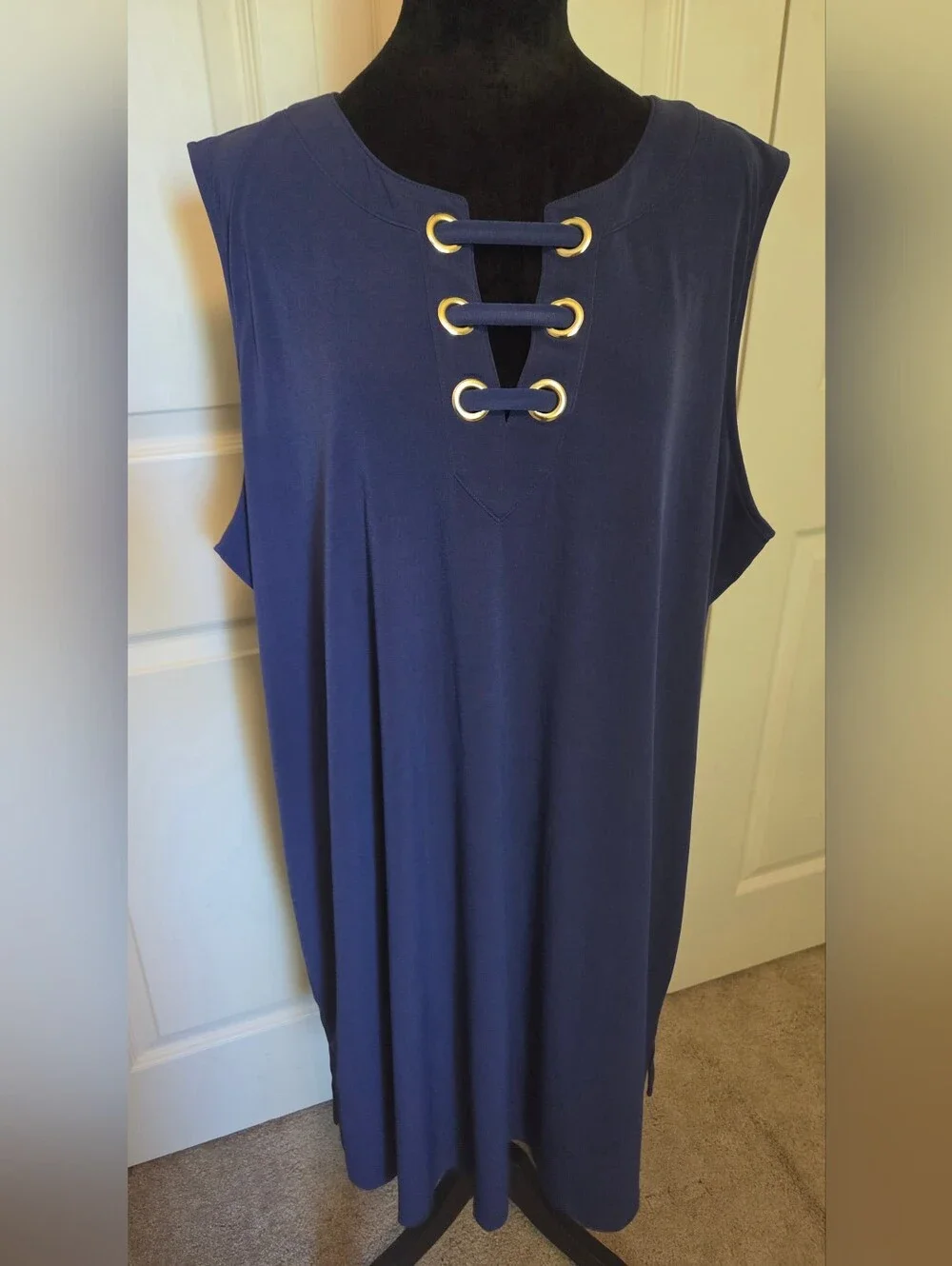 Michael Kors Navy Blue Sleeveless Shift Dress Gold Grommet Lace Up SIZE 3X